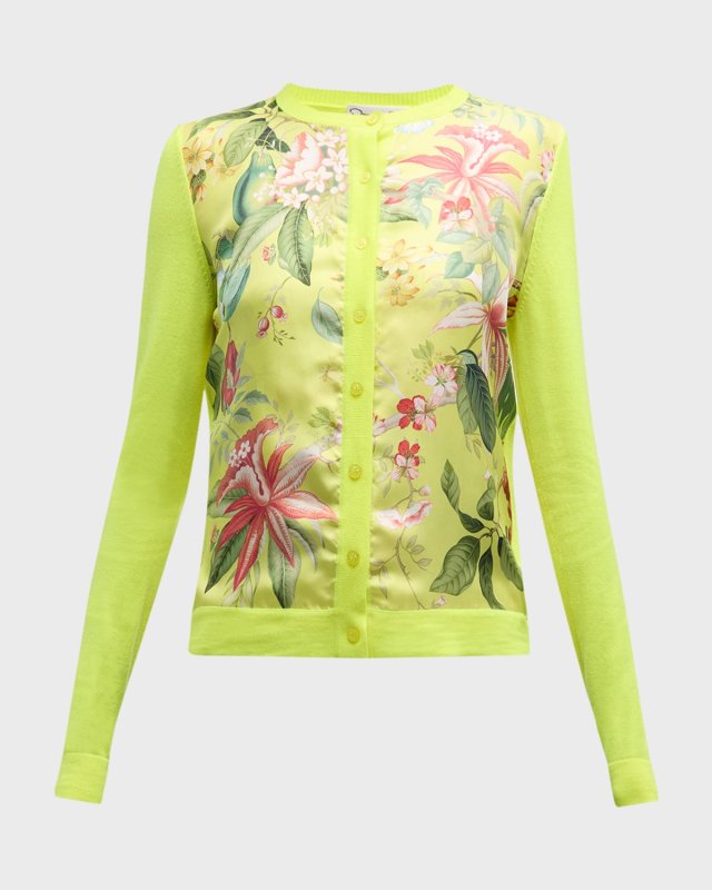 Floral And Fauna Satin Inset Crewneck Cardigan